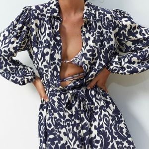 Zara midi dress navy blue off white BRAND NEW